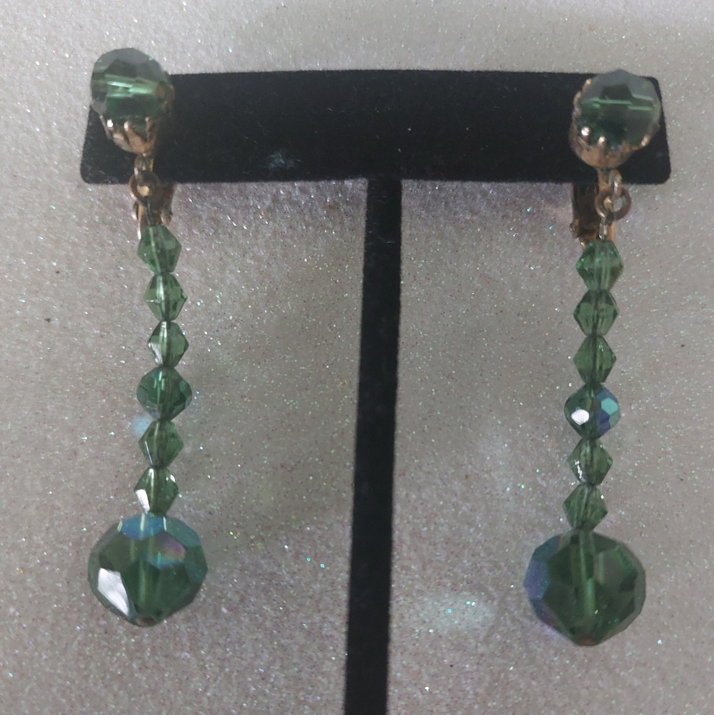 Vintage Clip-on Dangle Faceted Green Crystal Bead Earrings, Estate Jewelry